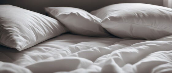 Bed with white sheets and pillows closeup
