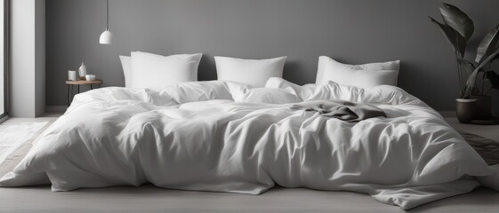 An unmade bed with white sheets and pillows in a spacious gray room with modern minimalist interior design