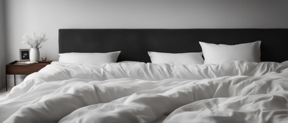 Unmade bed with white sheets and pillows in close-up