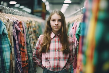 A teenage girl buys clothes in a retail store, paying special attention to style and comfort.