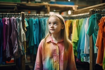 A cute young girl with blond hair is standing in a store and choosing clothes for school.