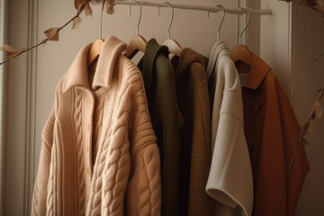 A collection of fashionable winter clothing, including cozy knitwear and sweaters in warm and stylish designs.