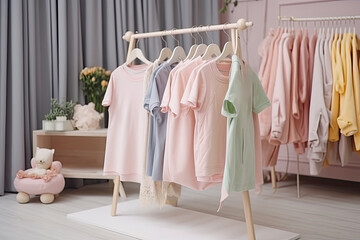 A boutique of stylish children's clothing with a wide selection of fashionable clothes displayed on hangers.