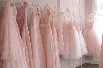 A boutique with a stunning collection of pink evening dresses that exude elegance and contemporary style.