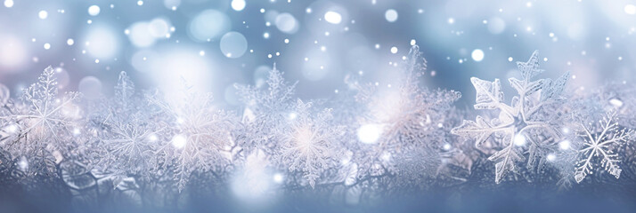 Defocused Christmas background with snowflakes and bokeh lights. Banner. 