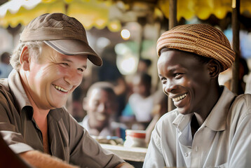 Young afro-american refugee with a man of European appearance laughing together, humanitarian aid, refugee study, refugee crisis, migration patterns, refugee rights, refugee integration