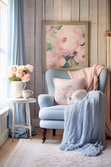 Baby blue armchair and blanket in front of a white wood wall, cozy corner, pastel colors 