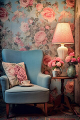 Modern cozy armchair by a side table with vase of roses and a lamp. A Cup of tea on the armchair. Floral wallpaper