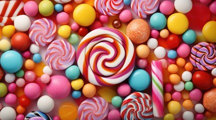 Various tasty sweets, colourful lollipops and candies background