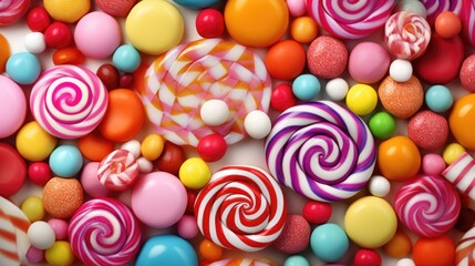 Various tasty sweets, colourful lollipops and candies background