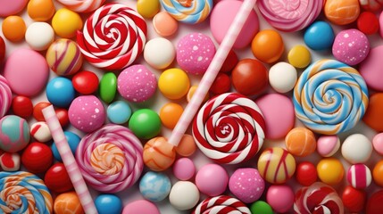 Various tasty sweets, colourful lollipops and candies background - Powered by Adobe