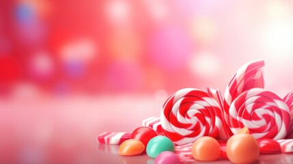 Various tasty sweets, colourful lollipops and candies background with free space for text