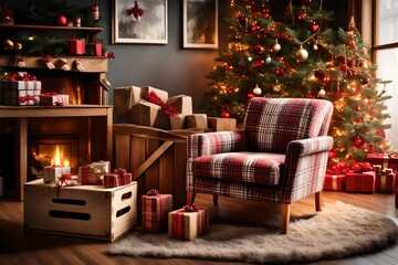A cozy Christmas corner featuring a plaid armchair, a stack of wrapped gifts, and a nearby wooden crate holding firewood.
