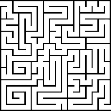 Labyrinth with enter and exit. Maze vector kids game. Square shape. Printable worksheet for kids. Early education practice.