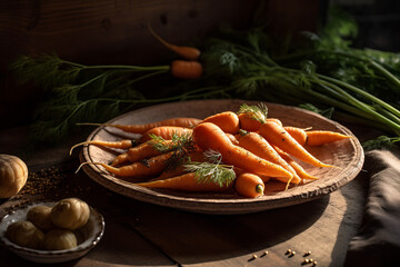 fresh carrots bunch on plate, dark rustic wooden background