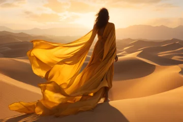 Foto op Canvas A woman in a long yellow, fluid and loose dress walking on the sand dunes, yellow and bronze colors © Blazenka