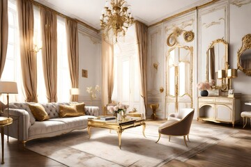 Parisian chic living room with gold accents and vintage furniture.