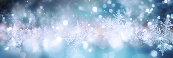 Defocused Christmas background with snowflakes and bokeh lights. long banner. 
