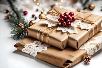 A Christmas present wrapped in burlap with a lace ribbon, on a white background.