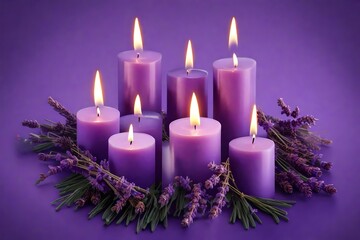 Obraz na płótnie Canvas A set of lavender-scented Christmas candles arranged in a circle, set against a solid purple background.