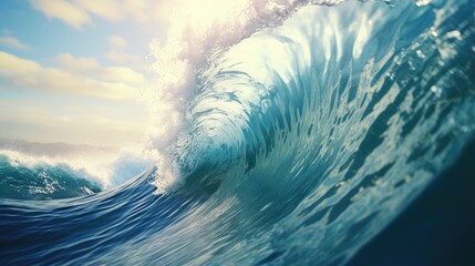 Barrel wave for surfing in the blue ocean. Stormy heavy sea. A strong storm with big waves in the ocean. Power of nature. Illustration for cover, card, postcard, interior design, decor or print.