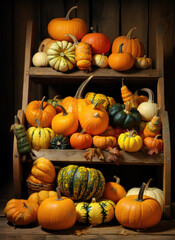 Old wooden rack with vegetables and fruits created by Generative AI