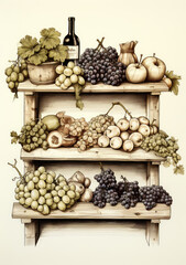 Drawing of fruits, vegetables and wine created by Generative AI