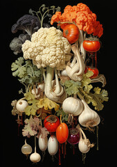 Illustration of vegetables on black background created by Generative AI