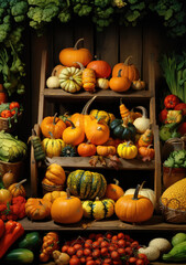 Old wooden rack with vegetables created by Generative AI