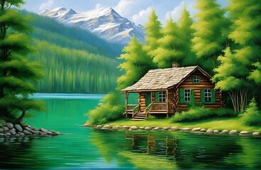 beautiful picture of green vines wrapping around a cabin by the lake with realistic drawing tech. Generative AI.