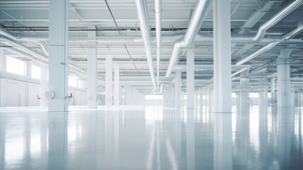 A technical room filled with white pipes. Pipeline inside modern factory. Illustration for banner, poster, cover, brochure, advertising, marketing or presentation.