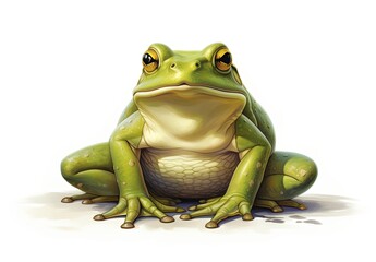 Obraz premium Green frog closeup isolated on white background. Illustration for cover, card, postcard, interior design, decor or print.