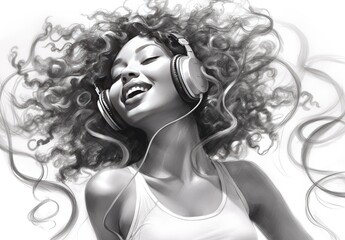 Close-up portrait of a teenage girl wearing a white tank top. A woman wearing headphones listens to music and sings. Enjoying life. Monochrome illustration for cover, card, interior design, ad, etc.