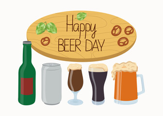 Wooden sign with lettering decorated with beer items, beer in a bottle, can, mug. Hop cones. Banner, card. Beer day, festival, holiday.  October.  Vector illustration, background isolated.