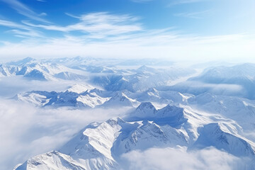 Snowy Peaks Embracing Sunlit Wonder: Majestic Winter Wonderland Revealing Breathtaking Aerial Views of Pristine Alpine Beauty