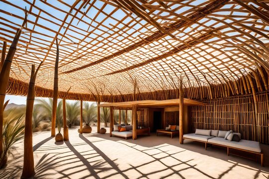 In the heart of the desert, an architectural gem emerges, its roof crafted entirely from bamboo. AI Generative