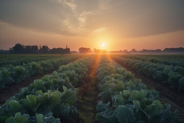 Sunrise, small cabbage plantations grow in the field, vegetable rows.