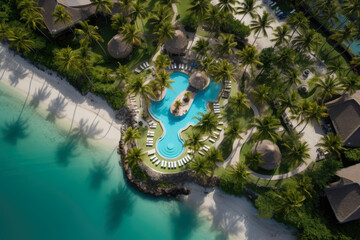 Fototapeta premium Paradise Found: A Luxurious Tropical Resort Offering Serenity, Vibrant Views, and Unparalleled Comfort by Sunlit Shores