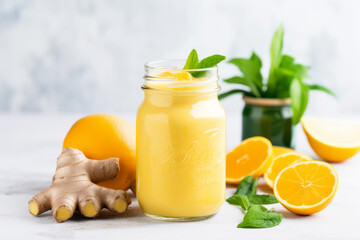 Orange, mango, ginger refreshing drink, healthy food, selective focus