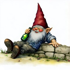 Retro style watercolor illustration of a Gnome sitting on a stone wall getting drunk