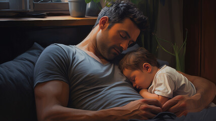 father with sleeping baby in the room