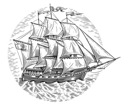 Ship with sails at sea illustration. Vintage sailboat sketch in engraving style