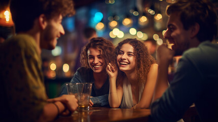 Obraz na płótnie Canvas friends enjoying beer and having fun at the bar