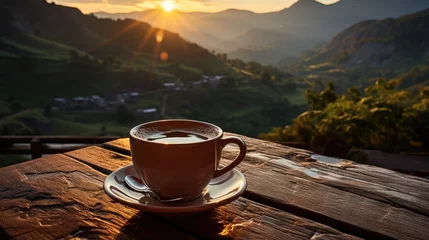 Foto auf Acrylglas Coffee cup placed in hand against beautiful cool mountain landscape background © MBRAMO
