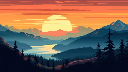 Photo sur Plexiglas Corail Scenic view of olympic National Park during sunrise in landscape comic style. Trees and mountains landscape. Digital illustration generative AI.