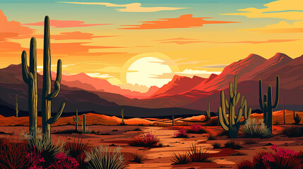 Scenic view of saguaro National Park during sunrise in landscape comic style. Giant cactus. Digital illustration generative AI.