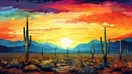 Afwasbaar Fotobehang Aubergine Abstract mixed grunge colors landscape of saguaro national park during sunrise background painting. Giant cactus. Digital illustration generative AI.