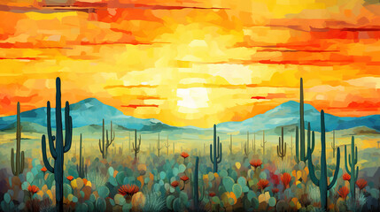 Abstract mixed grunge colors landscape of saguaro national park during sunrise background painting. Giant cactus. Digital illustration generative AI.