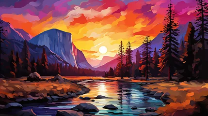 Foto op Canvas Abstract mixed grunge colors landscape of yosemite national park during sunrise background painting. Digital illustration generative AI. © Tepsarit