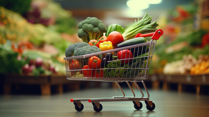   Shopping trolley full with vegetables and fruits in supermarket background. Digital illustration generative AI.